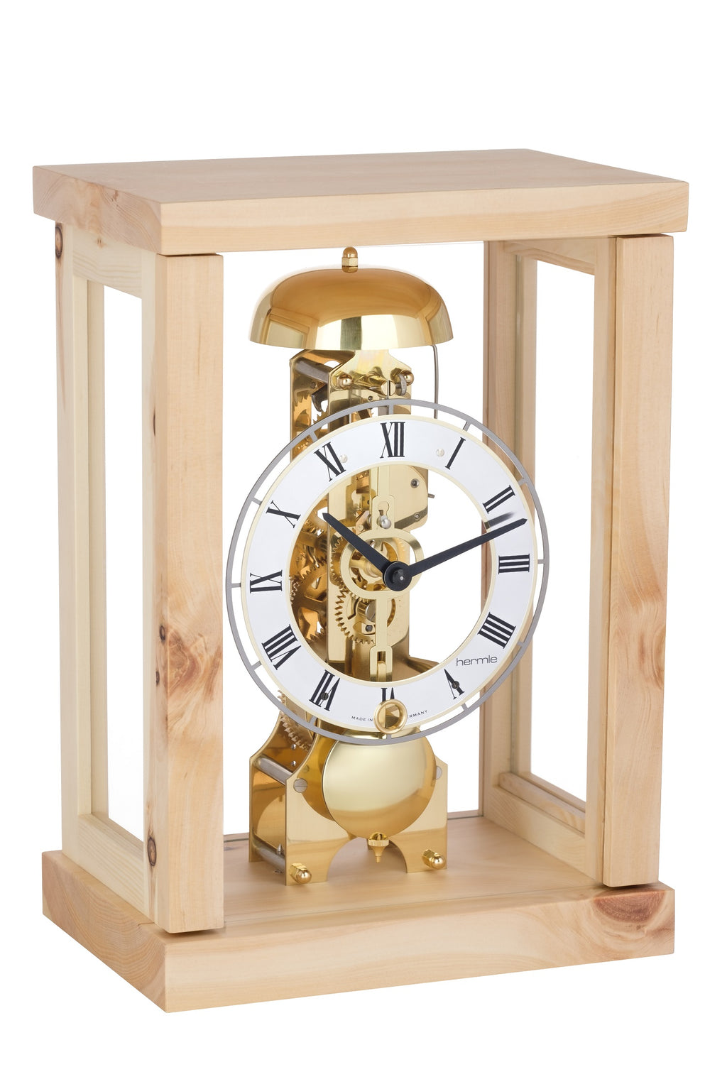 Classic four-pillar walnut case mechanical table clock