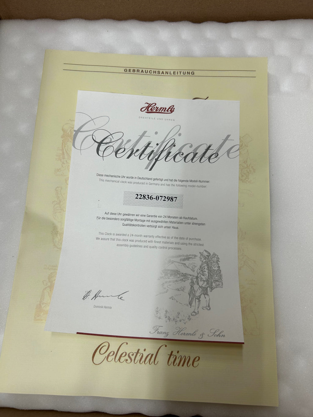 Hermle 正規品証明書 – モデル番号 22836-072987、24ヶ月保証・ドイツ製認定Certificate
