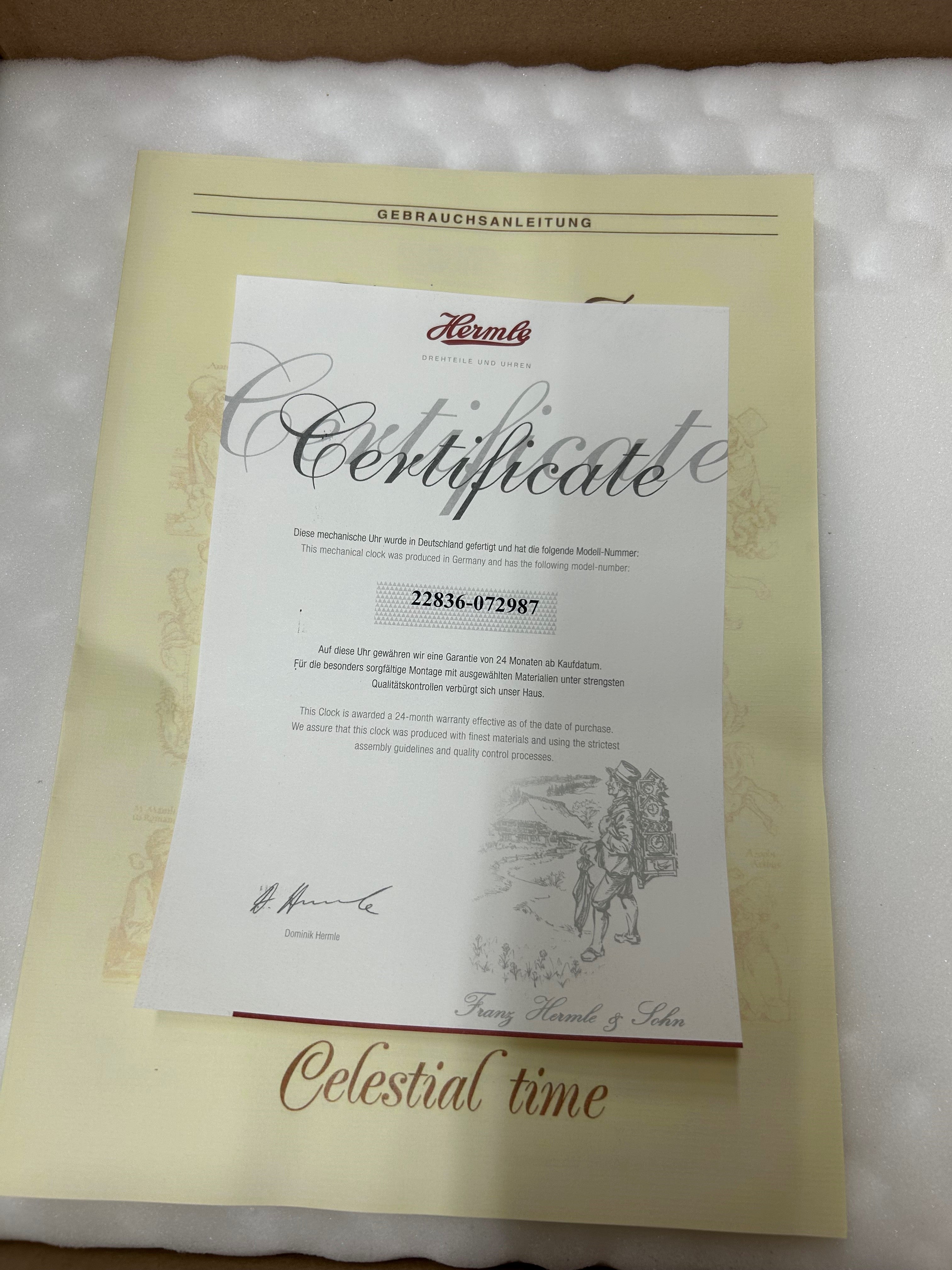 Hermle 正規品証明書 – モデル番号 22836-072987、24ヶ月保証・ドイツ製認定Certificate
