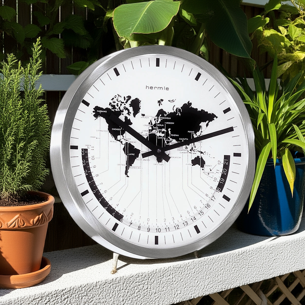 ヘルムレ　30504-002100｜ワールドタイム掛け時計（ステンレスフレーム・世界地図デザイン／直径30cm）